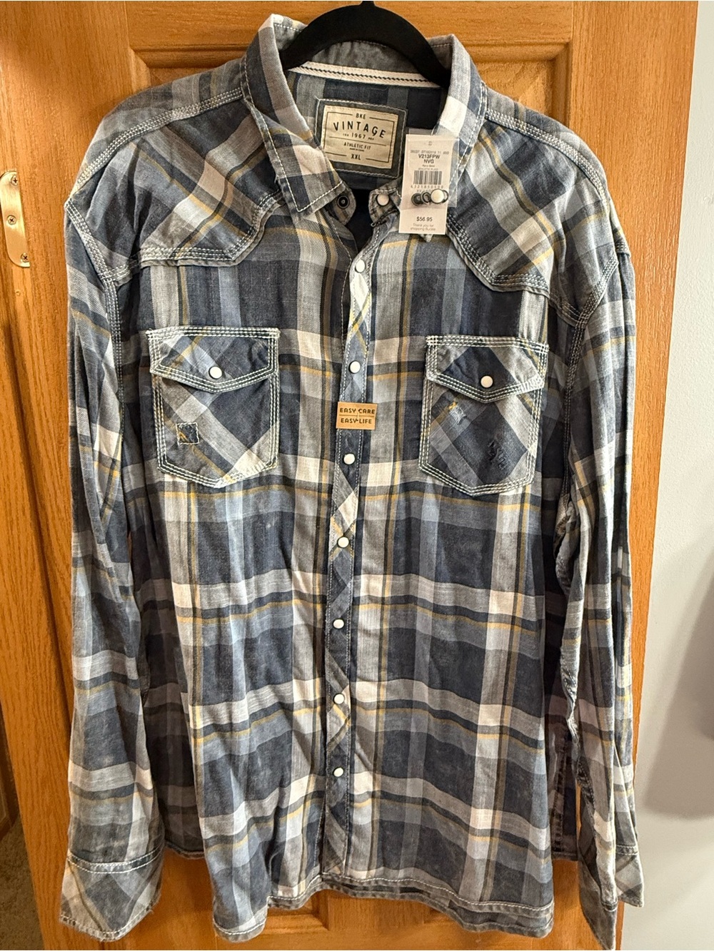 BKE Vintage Men's Navy and Gold Plaid Pearl Snap Button-Down Shirt